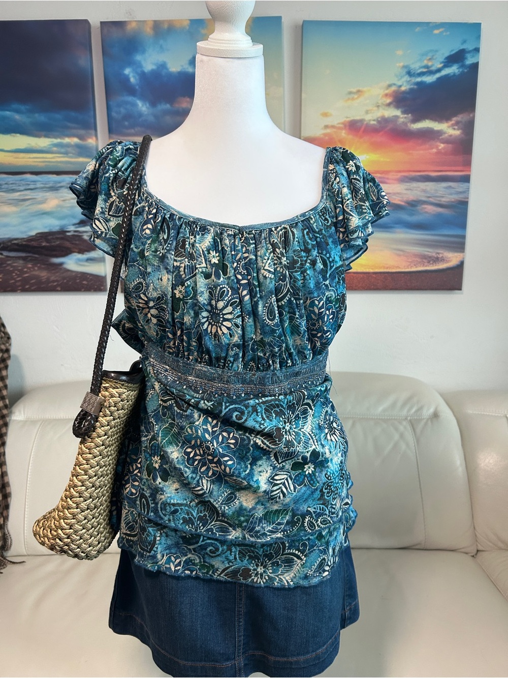 Venezia Teal Floral Peasant Blouse